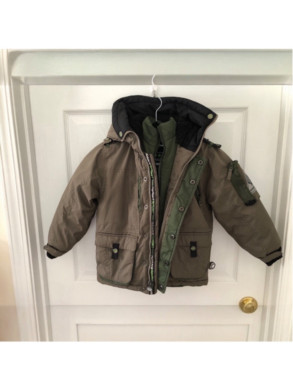 Boys Size 4 Hawke & Co Army Green Insulated Hooded Parka Gorpcore Kidcore Jacket